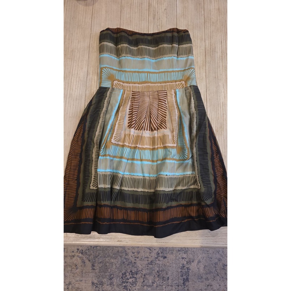 Nicole Miller Strapless Scarf Print Mini Dress Blue Green Brown Pocket 10 - Picture 3 of 12